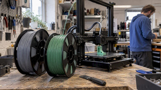 Recycled filament spools beside a 3D printer