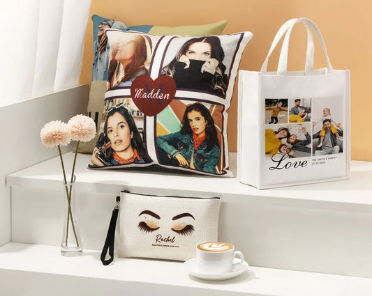 Linen collection introduction featuring decorative pillow, tote bag, and cosmetic pouch on a stylish display.