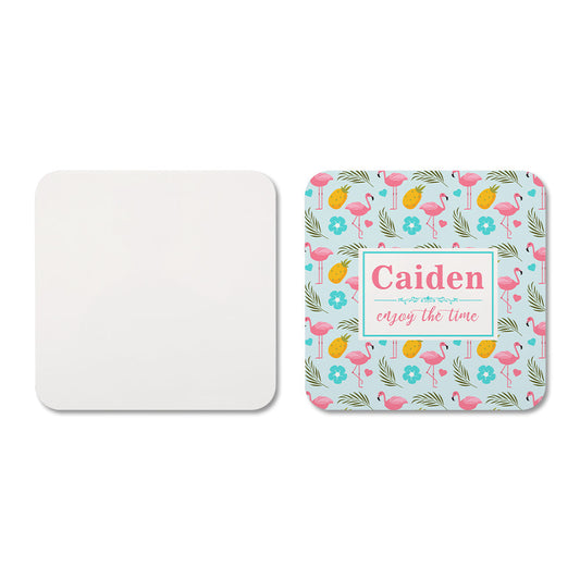MDF Blank Guide showcasing a playful coaster design featuring tropical patterns and a personalized name.