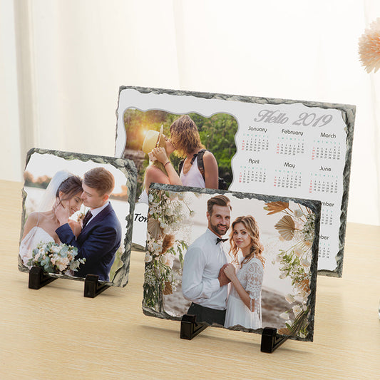 Sublimation slate photo plaques and calendar with wedding and travel images, ideal for laser engraving suppliers.