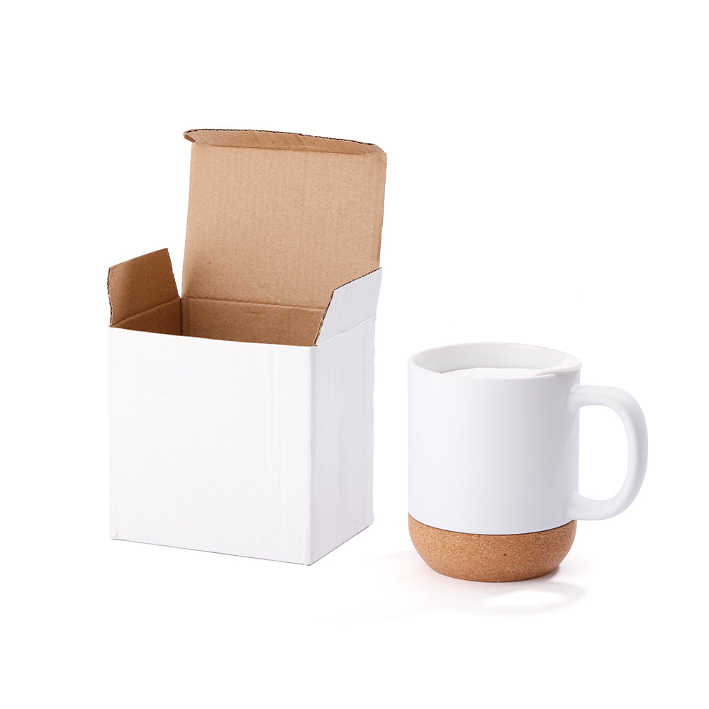 13oz sublimation coffee mug with detachable cork base and matte white finish shown next to its white packaging box, ideal for custom drinkware gifts.