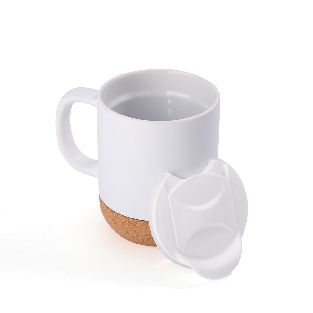 13oz sublimation mug in matte white with cork base and removable white lid, designed for custom printing and unique gift ideas.