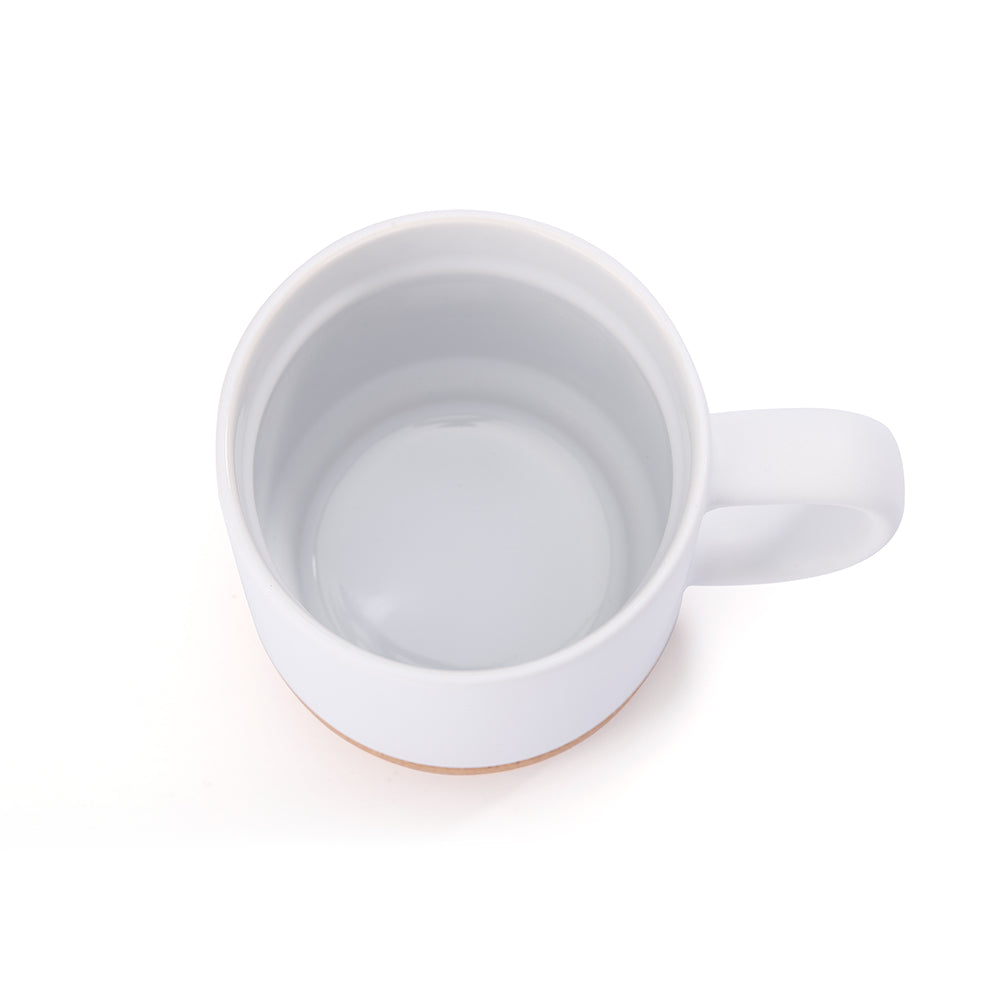 Top view of 13oz matte white sublimation coffee mug with detachable cork base, showcasing spacious interior for hot beverages.