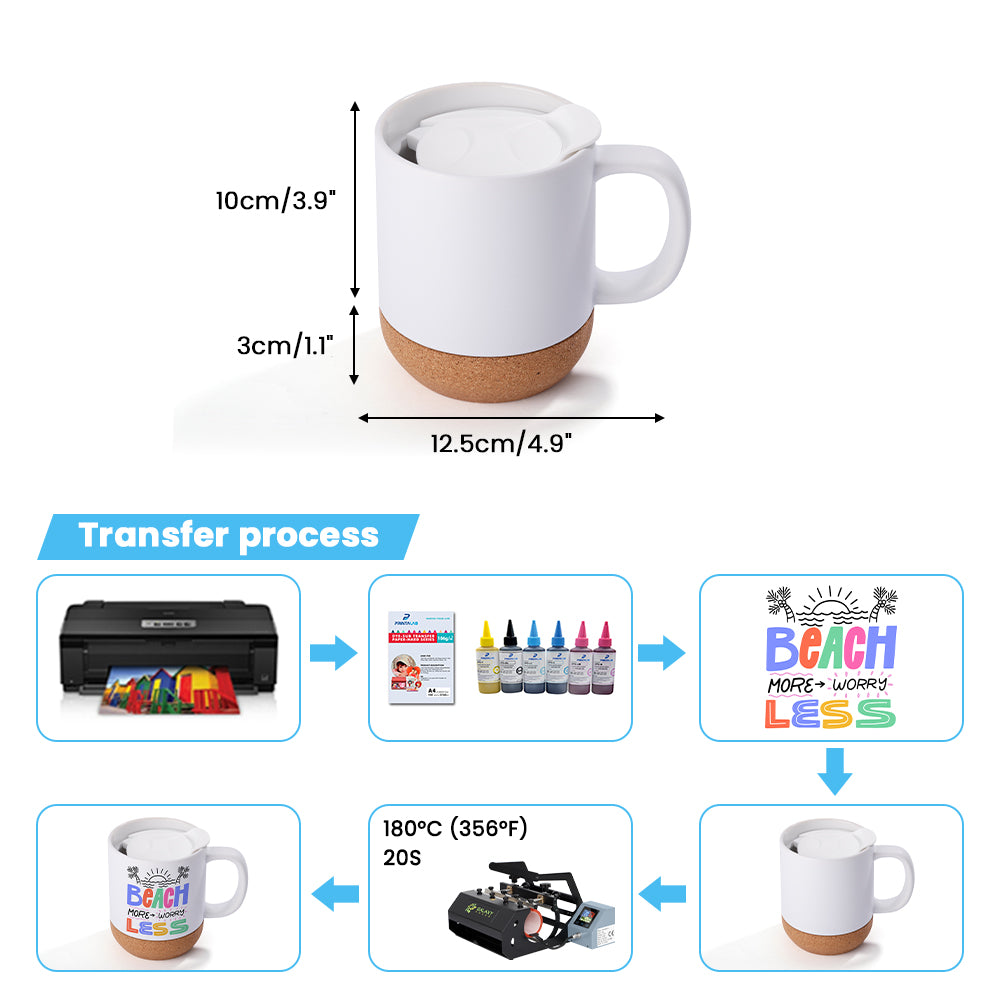 Sublimation process guide for 13oz matte white coffee mug with cork base, showing printing steps and heat press temperature for custom designs.