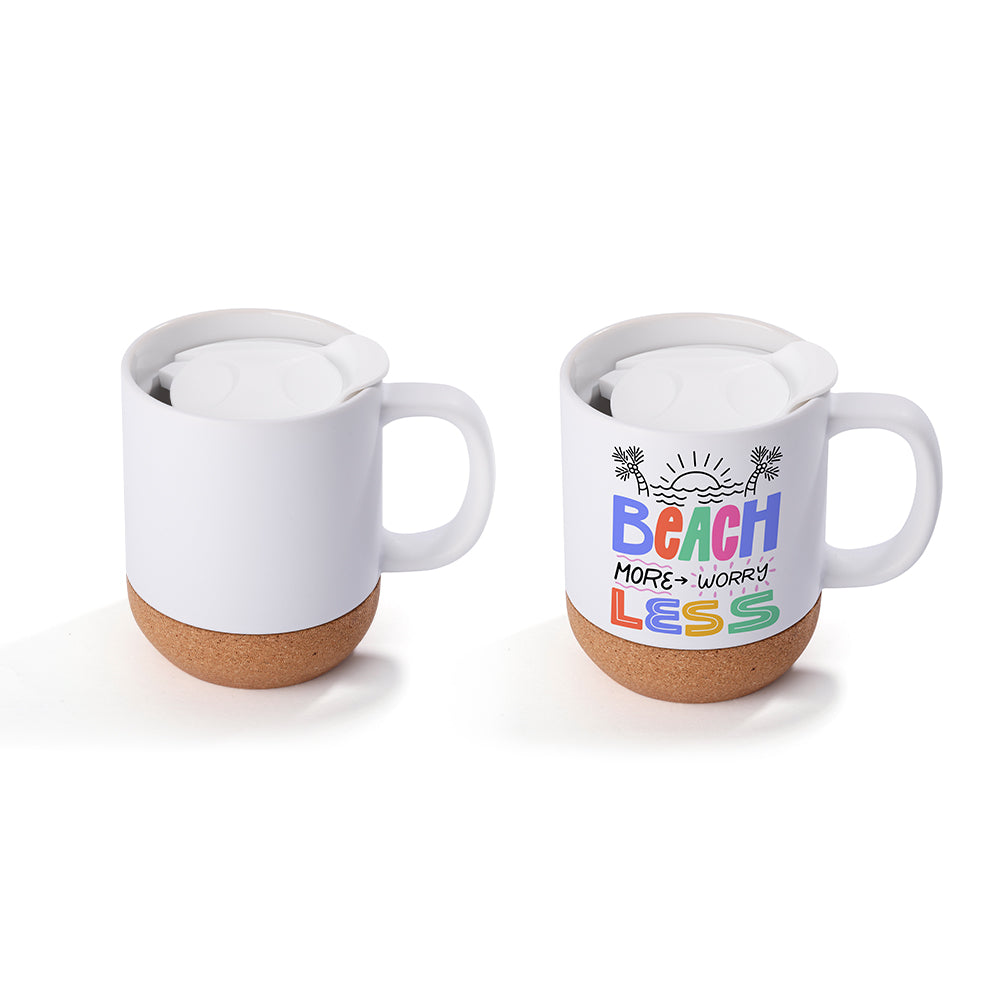 Customizable 13oz sublimation mug with detachable cork base shown blank and with colorful 'Beach More Worry Less' design for personalized gifting.