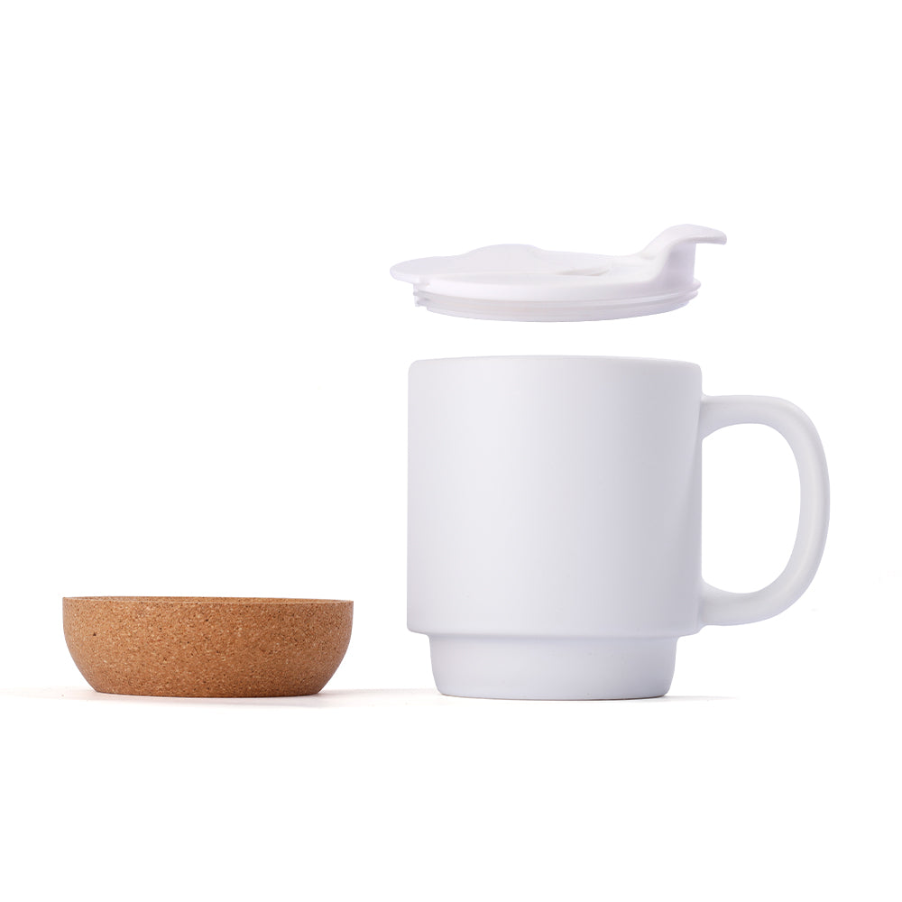 13oz matte white sublimation mug with removable cork base and lid, ideal for eco-friendly drinkware and personalized kitchen tableware.