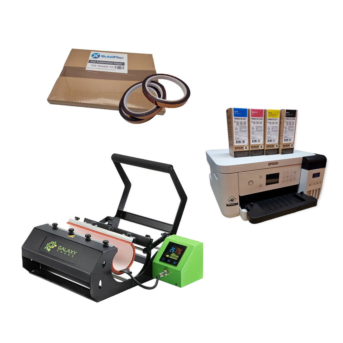 Sublimation Mug Press Starter Kit includes black and green mug press, Epson printer with sublimation ink, and heat tape. Great for custom mug businesses.
