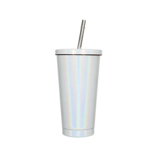 450ml Stainless Steel Rainbow Straw Cup - Sparkle White