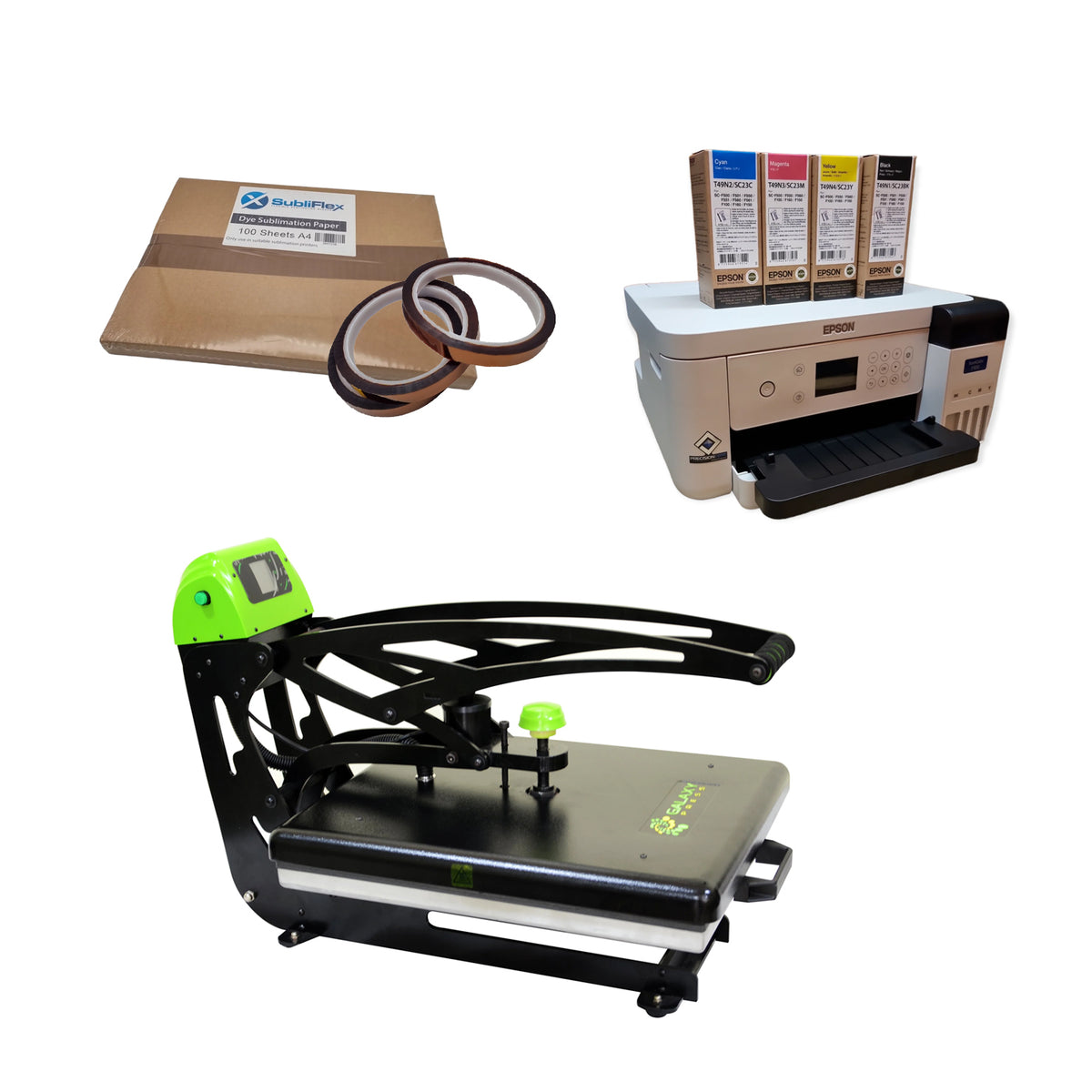 Galaxy heat press starter kit with Epson printer, sublimation inks, heat-resistant tape, and clam press for custom t-shirt printing.