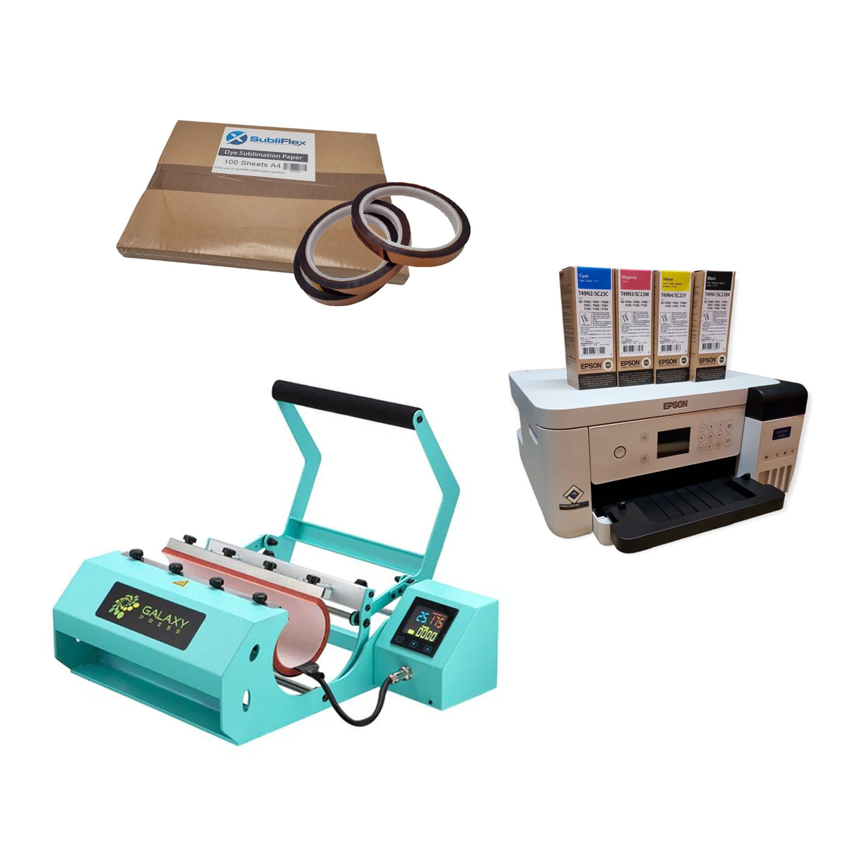 Sublimation Mug Press Starter Kit with teal mug press, Epson printer, sublimation ink, and heat tape. Designed for high-quality mug sublimation printing.