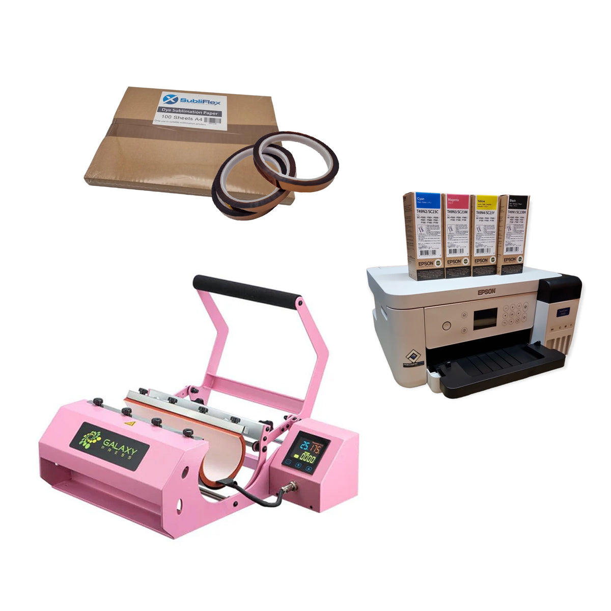 Sublimation Mug Press Starter Kit featuring pink mug press, Epson printer with sublimation ink, and heat tape. Perfect for DIY mug printing projects.