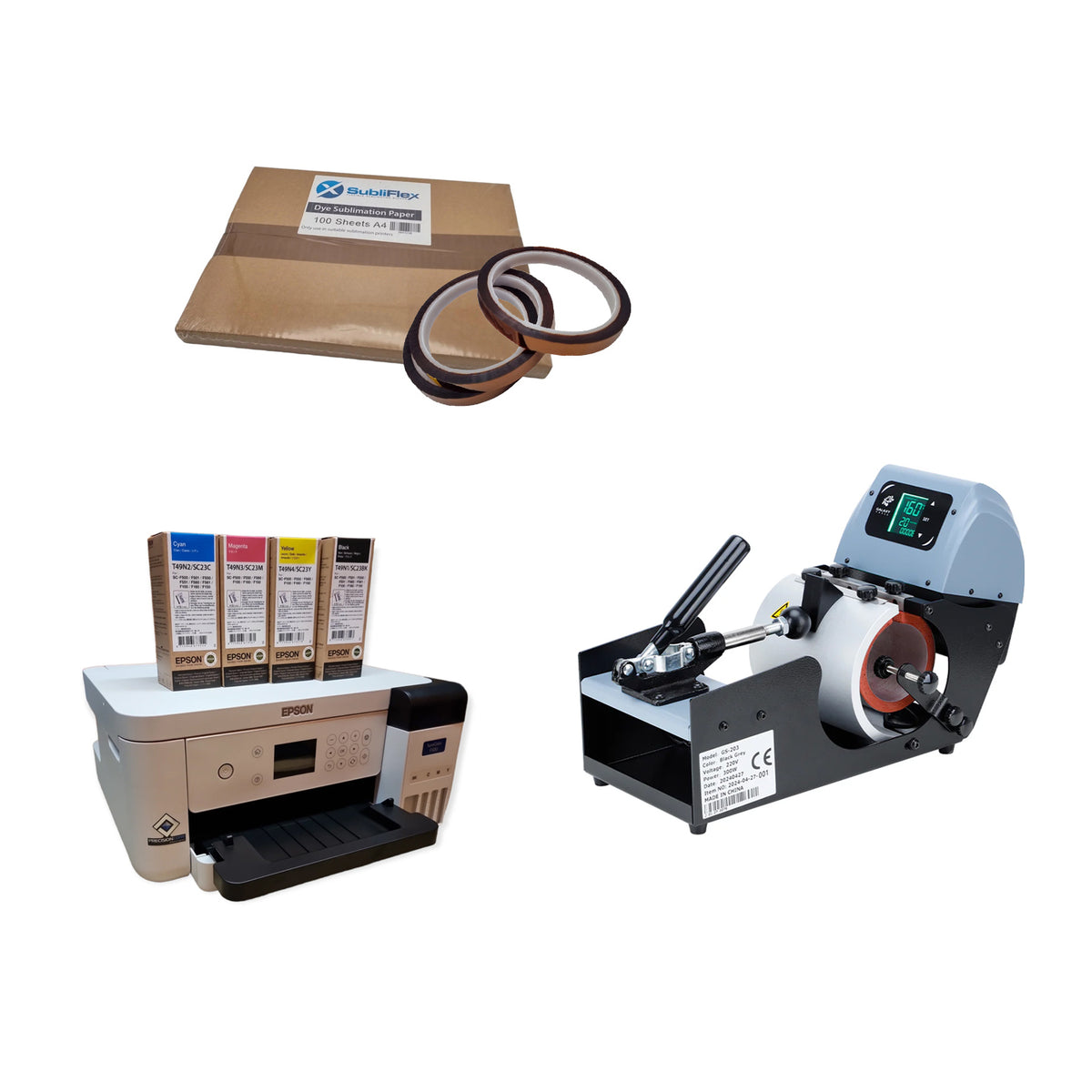 Sublimation Mug Press Starter Kit includes compact mug press, Epson printer, sublimation ink, heat tape, and paper for DIY mug printing projects.