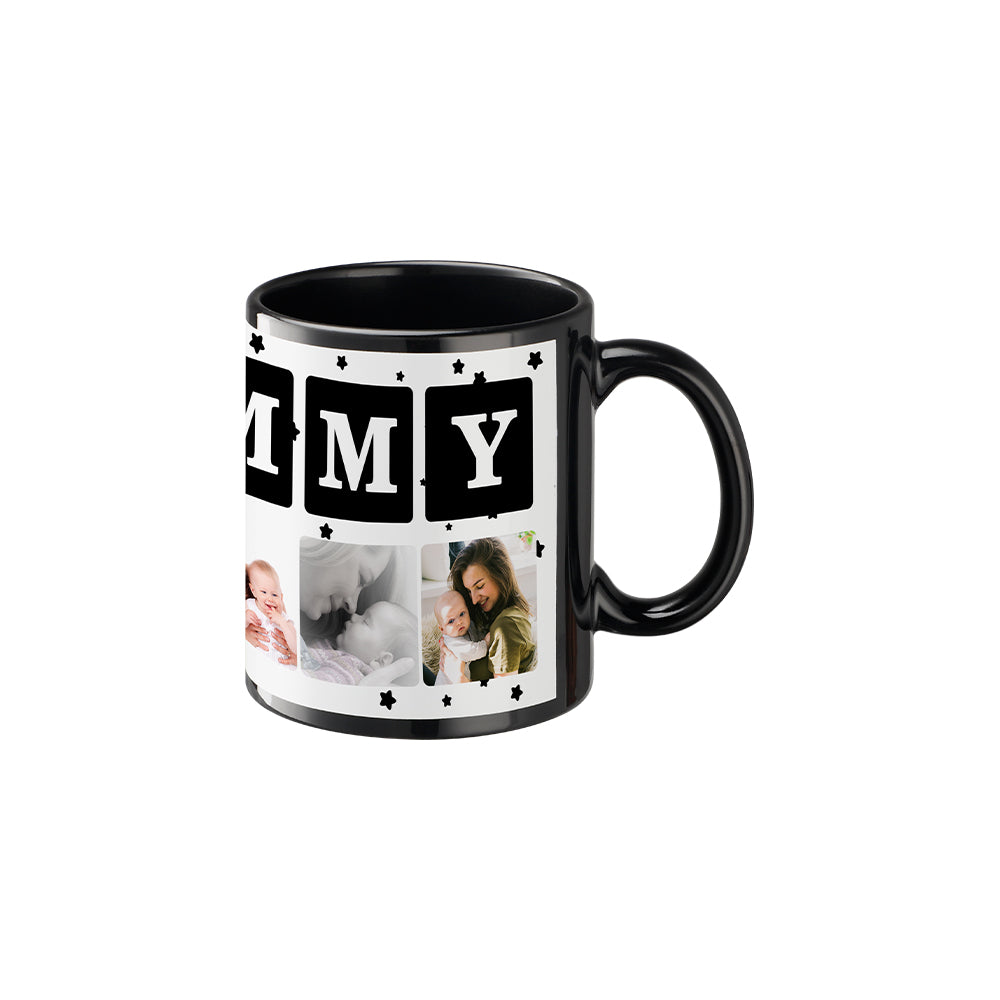 Black sublimation mug with 'MUMMY' text, custom photo collage, ideal for personalised gifts