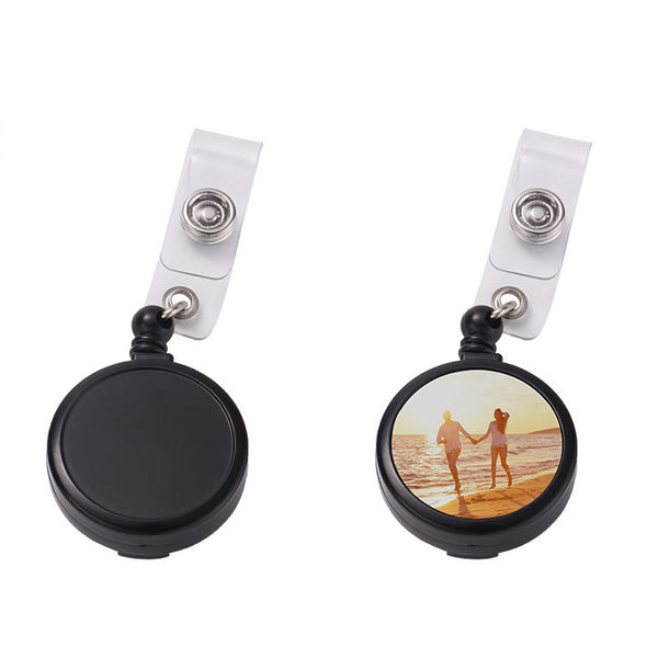 Badge Holder Reel Clip Holder - Black with retractable reel and custom photo insert, ideal for ID cards and workplace badge display.