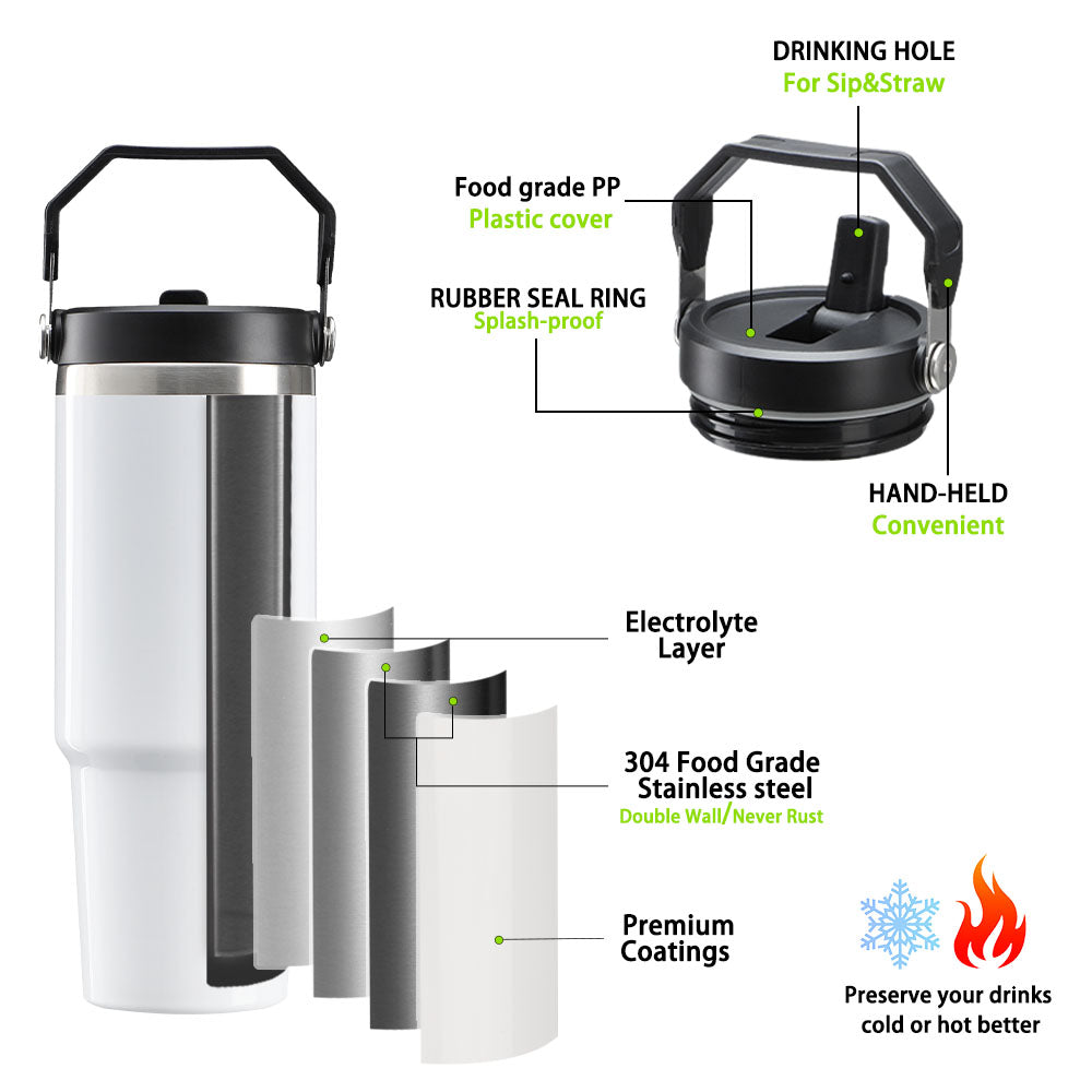 30OZ Stainless Steel Tumbler with Handle White Glossy