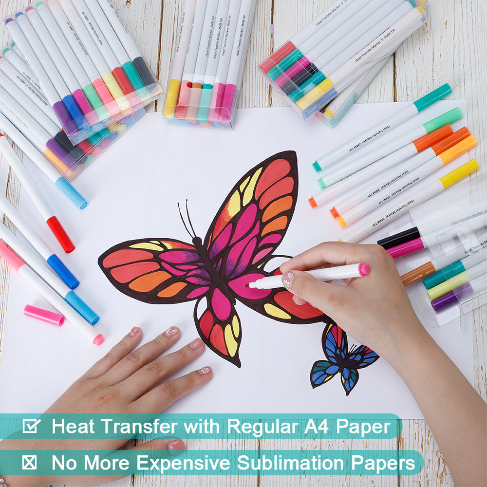 User coloring butterfly artwork with Sublimation Marker Pens - 18 Colours - Tip Size - 1mm, demonstrating heat transfer on regular A4 paper.