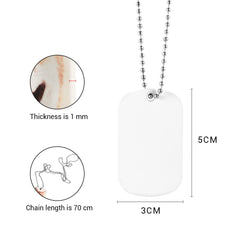 Blank sublimation dog tag necklace with 70cm chain, 5x3cm size, 1mm thickness, for laser engraving.
