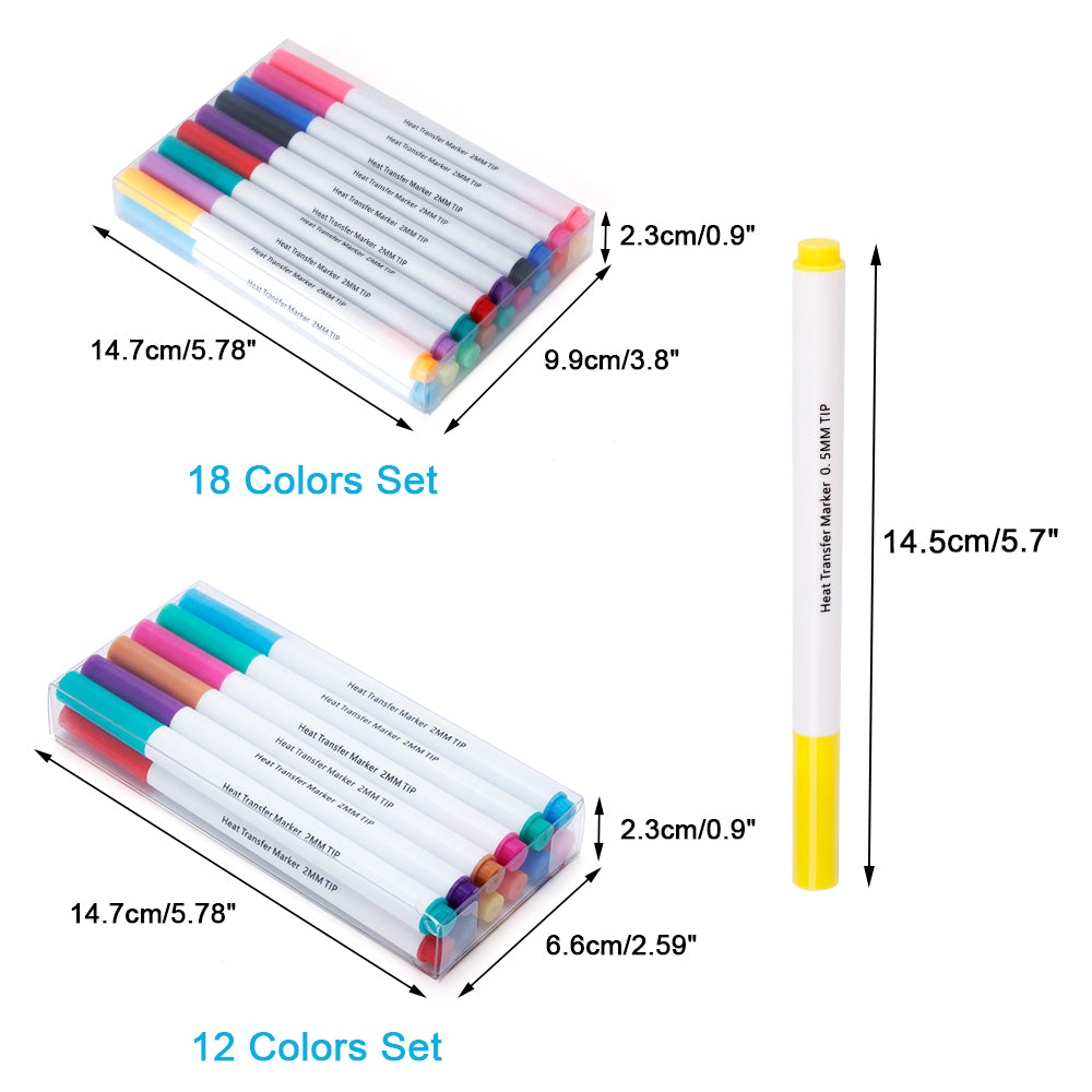 Sublimation Marker Pens - 18 Colours - Tip Size - 1mm set with fine 1mm tips in a clear plastic case, ideal for heat transfer crafts and sublimation art.