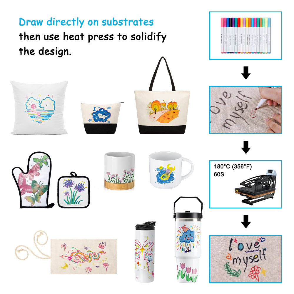 Sublimation Marker Pens - 18 Colours - Tip Size - 1mm used to draw directly on substrates like mugs, bags, and pillows, then heat pressed at 180°C for 60 seconds.