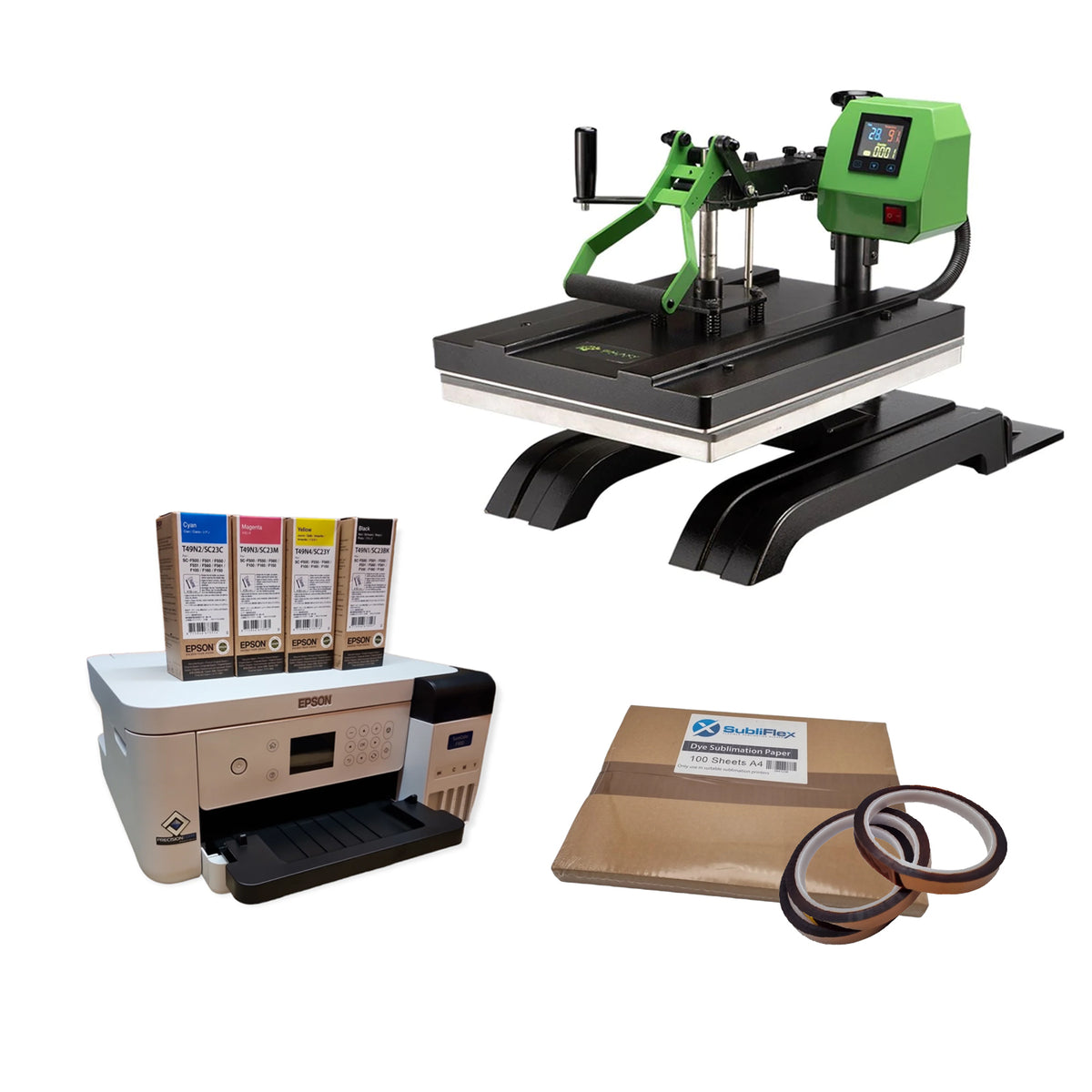 Complete Galaxy heat press starter kit with swing press, Epson printer, sublimation inks, paper, and heat tape for custom printing.