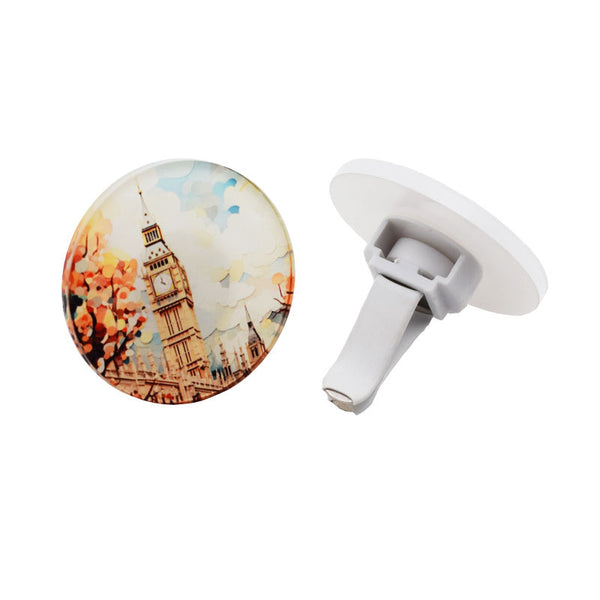 Round 50x3mm acrylic car air freshener with sublimation clapperboard photo frame design, featuring Big Ben artwork and clip-on diffuser for car décor.