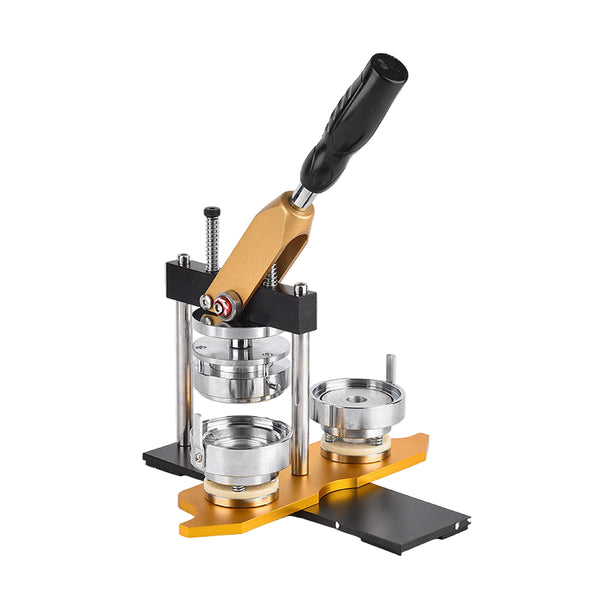 Badge Machine 58mm with dual mold base and ergonomic handle, ideal for crafting custom badges for events and promotions.