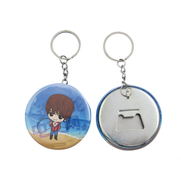 100x Bottle Opener Keychain Badge - 58mm with custom cartoon design on front and metal bottle opener back, ideal for personalized gifts or promos.