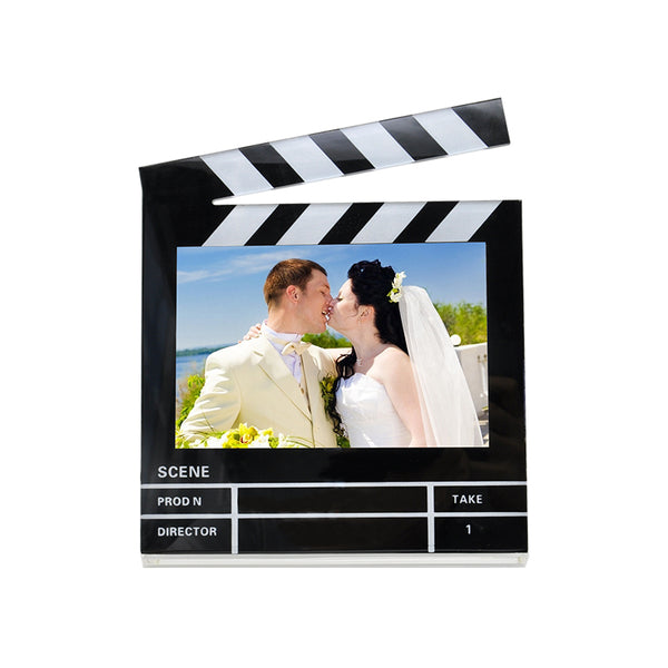 Sublimation clapperboard photo frame with wedding couple image, ideal for personalised desk décor or unique gift ideas in home & garden category.