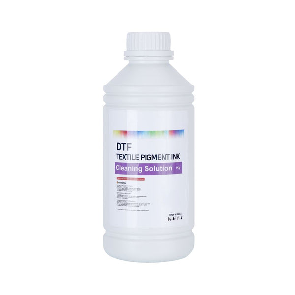 1L bottle of Cleaning Liquid for DTF Printer labeled as textile pigment ink cleaning solution. Ideal for maintaining DTF printer performance.