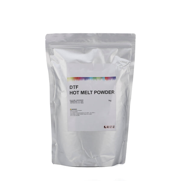 Subliflex DTF Powder - 80-200um -1kg/bag in silver resealable pouch for direct-to-film printing applications. Ideal DTF consumable for textile printing.