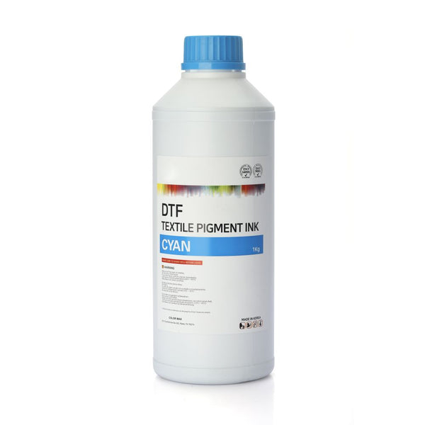 DTF Ink - 1L - Cyan bottle for textile printing, ideal for DTF printers and craft projects. High-quality blue DTF ink for vibrant fabric designs.