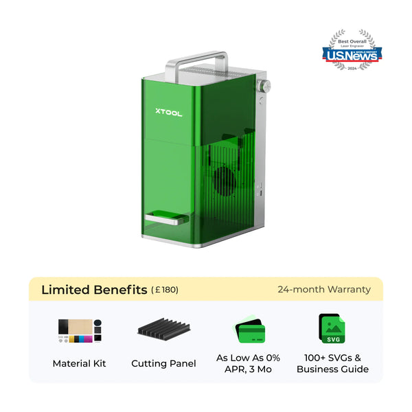 xTool F1 Portable High speed laser - Standalone with green casing, shown with included material kit, cutting panel, and SVG business guide.