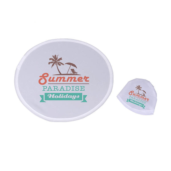 Flexible Foldable Disc Fan with 'Summer Paradise Holidays' design, ideal for portable personal cooling in hot weather. Compact and lightweight for travel use.