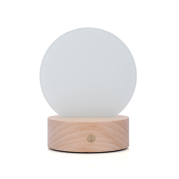 Glass Photo Panel with LED Base-Round Shaped-12x12.5cm featuring a clear tempered glass disc on a natural wood LED base, ideal for custom photo display.