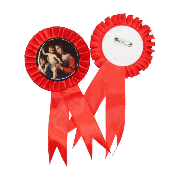 10x Rosette - Red - 58mm Badge with brooch pin back and ribbon tails, ideal for award badge making and event recognition.