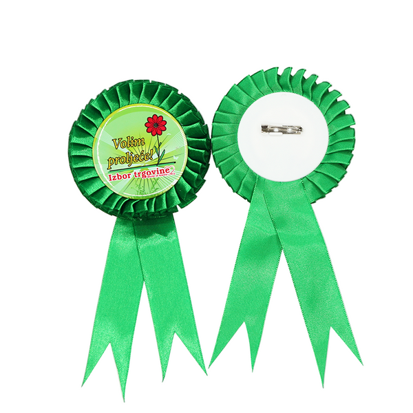 10x Rosette - Green - 58mm Badge with brooch pin back and ribbon tails, ideal for award-making and badge customization at events or schools.