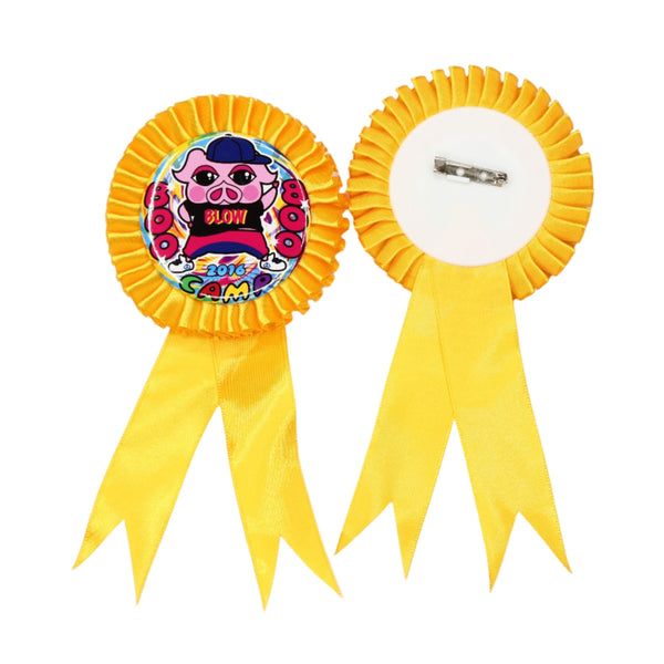10x Rosette - Yellow - 58mm Badge with brooch pin back and ribbon tails, ideal for award badge making and event customization.