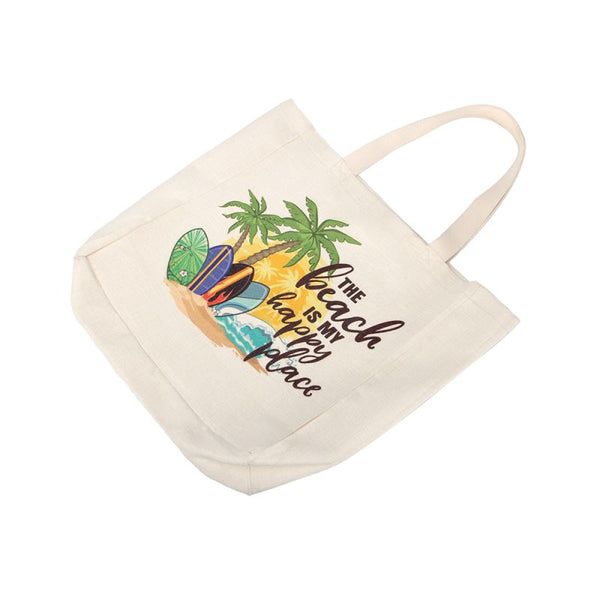 Linen sublimation tote bag with beach scene and 'The beach is my happy place' text.