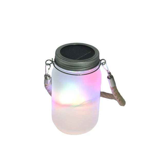 Sublimation Mason Jar with Solar Powered Lights - Clear, glowing with multicolor LED light, ideal for eco-friendly garden or patio décor.