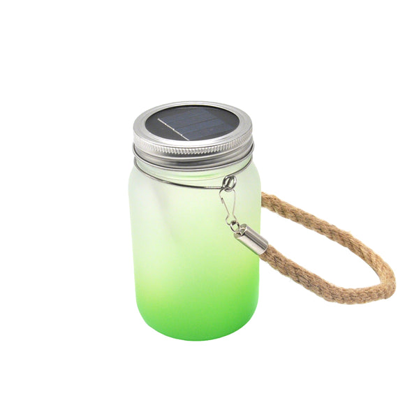 Sublimation Mason Jar with Solar Powered Lights - Green featuring a frosted glass body and jute rope handle, ideal for eco-friendly garden lighting.