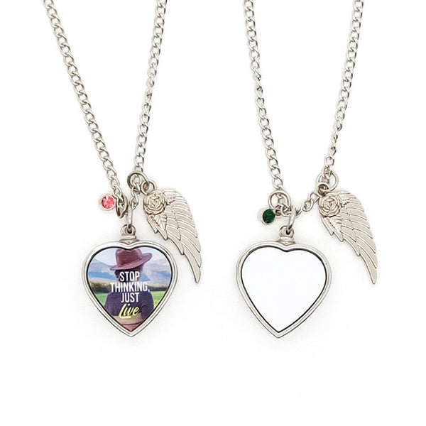 Memorial Urn Cremation Necklace - Blue Birthstone with heart-shaped pendant, angel wing charm, and quote 'Stop Thinking, Just Live'.