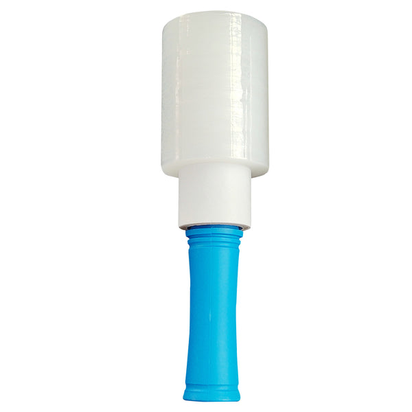 Mini Shrink Wrap + Handle with clear 10cm wide plastic film and blue ergonomic grip, ideal for bundling and protecting items in shipping or storage.