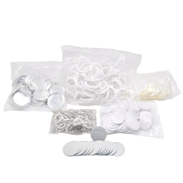 Mirror Keychain - 58mm Badge set includes blank metal badges, plastic rings, and keychain parts for custom badge-making and promotional gifts.