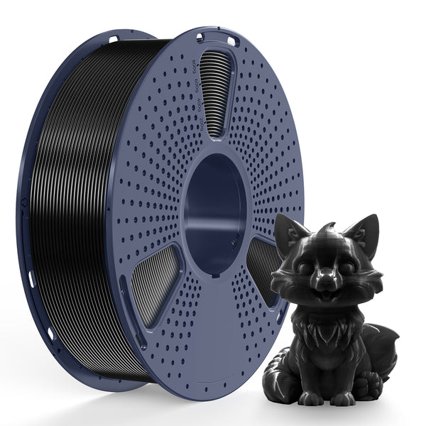 Sunlu PETG Black - Filament 1KG spool and a black 3D printed fox model.