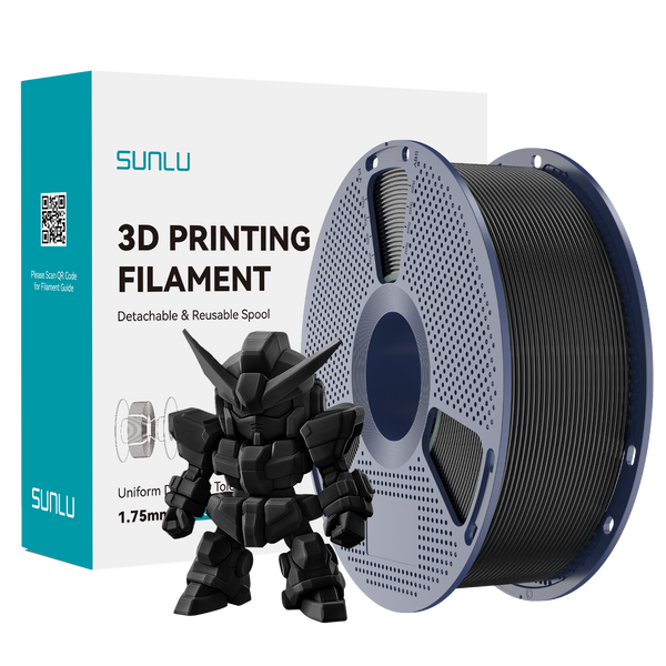 Sunlu PLA+ 2.0 Black Filament spool with a black 3D printed model and packaging.