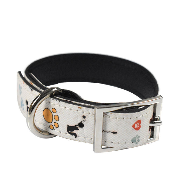 Sublimation PU Dog Collar with colorful paw and pet prints, featuring a silver buckle and D-ring for secure fastening and leash attachment.
