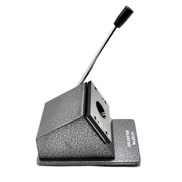 Paper Die Cutter 70mm with angled metal base and long handle for precise badge insert cutting. Ideal for 58mm badge making and crafting projects.