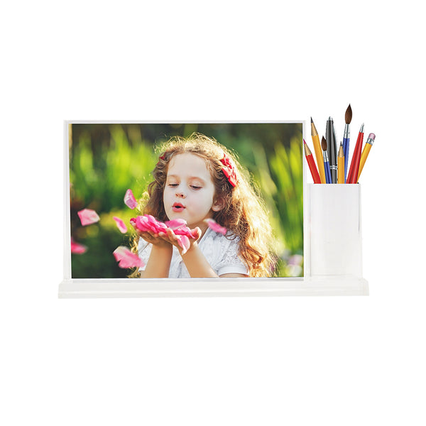 Customisable pen holder photo panel with a vibrant image and acrylic pen pot, ideal for personalised office desk decor and photo display.