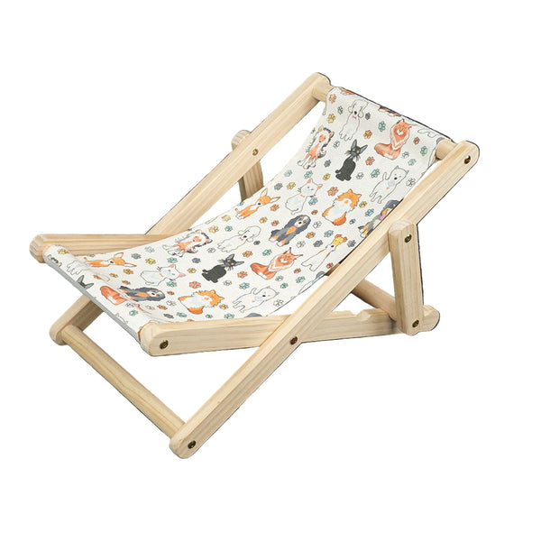 Sublimation Blank Pet Deckchair with printed linen fabric featuring cartoon cats and dogs, foldable wooden frame for small pets.