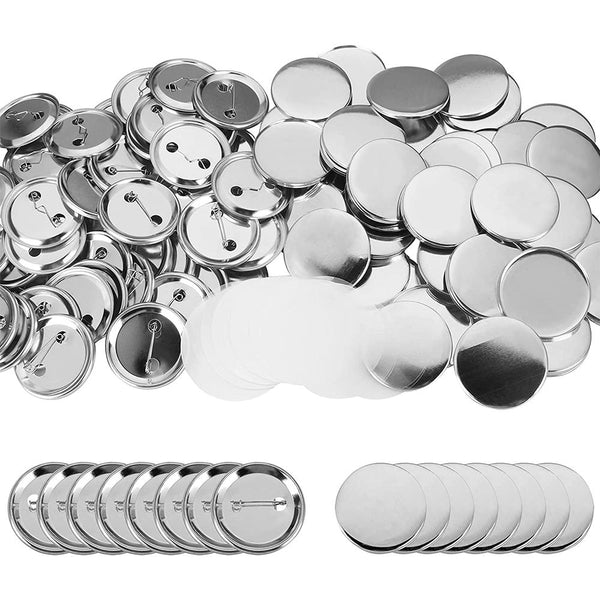 Bulk 100x Pin Badge 58mm set with metal fronts, backs, and clear plastic covers for custom badge making and event merchandise.